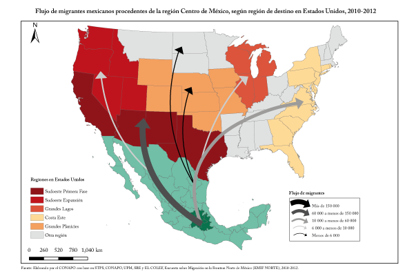Flujo de migrantes mexicanos procedentes de la región Centro de México, según región de destino en Estados Unidos, 2010-2012