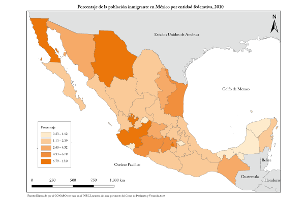 Porcentaje de la población inmigrante en México por entidad federativa, 2010